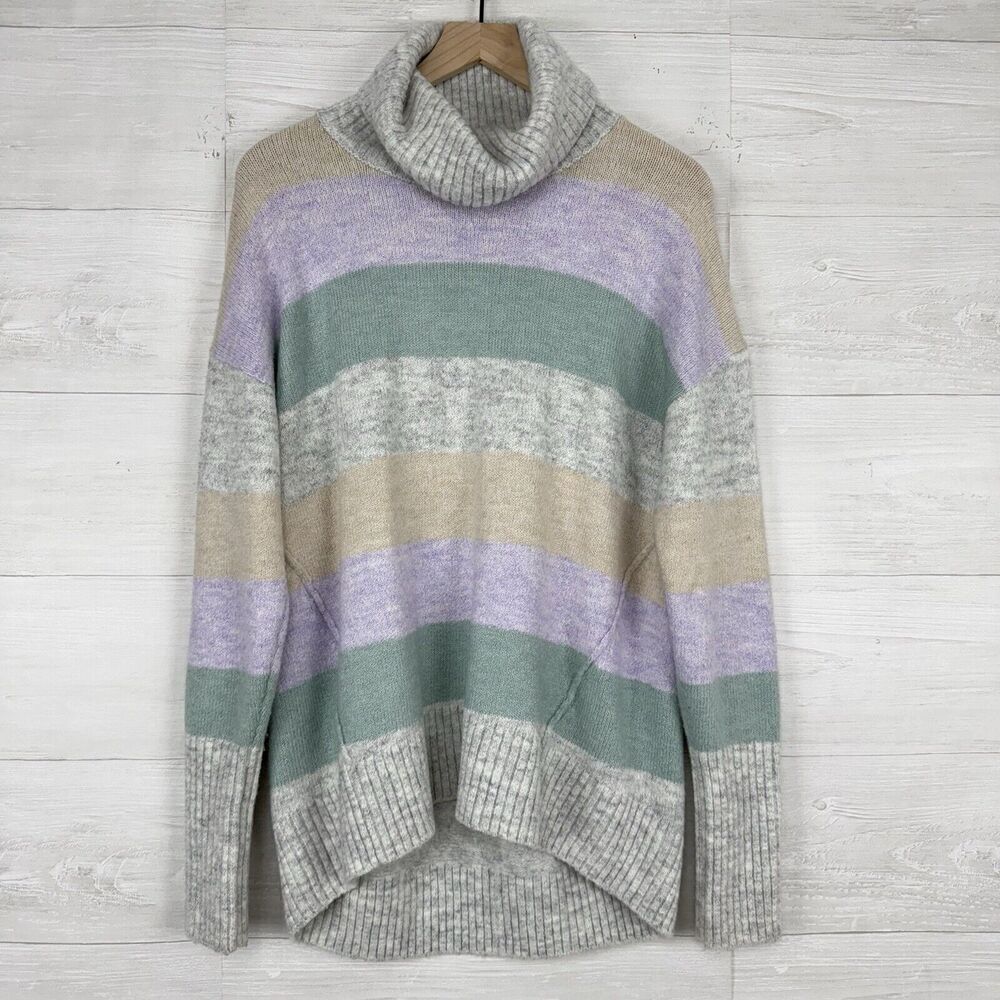 Gap Brushed Turtleneck Sweater Women‎ L Striped Green Purple Relaxed Preppy Cozy